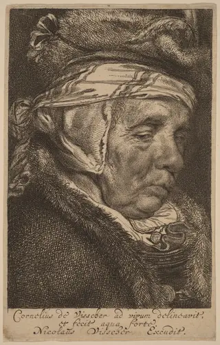Head of an Old Woman (Visscher's Mother), by Cornelis Visscher, ink, 1650