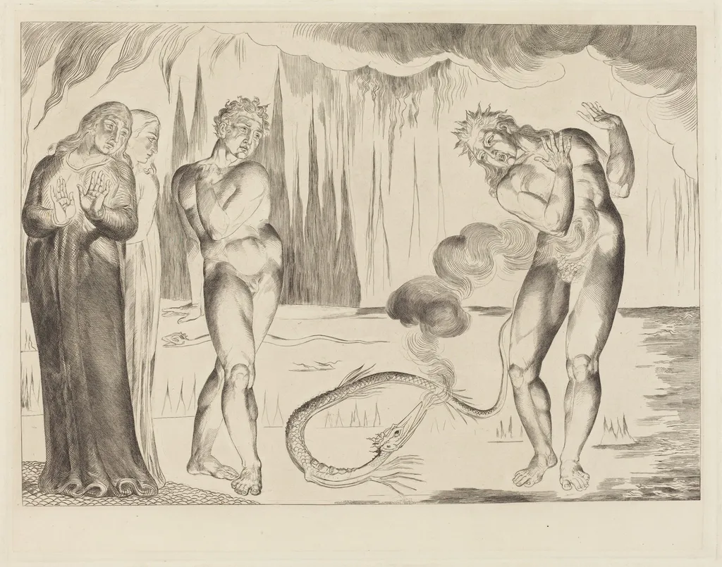 The Circle of the Thieves; Buoso Donati Attacked by the Serpent, by William Blake, ink, 1827