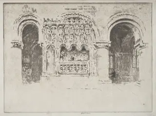 The Founder's Tomb,  Church of Saint Bartholomew the Great, by Joseph Pennell, ink, 1903