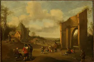 Countryside landscape with peasants, by Cornelis Droochsloot, oil, 1667