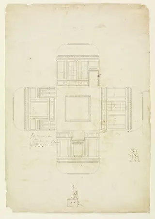 Elevations of the interior walls and a plan of the ceiling of the Parlour, by Roger Morris, 1728