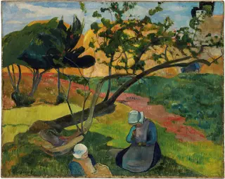 Landscape with Two Breton Women, by Paul Gauguin, oil, 1895