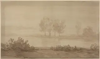 Landscape - Four Trees beyond a River, by Alphonse Legros, ink, 1874