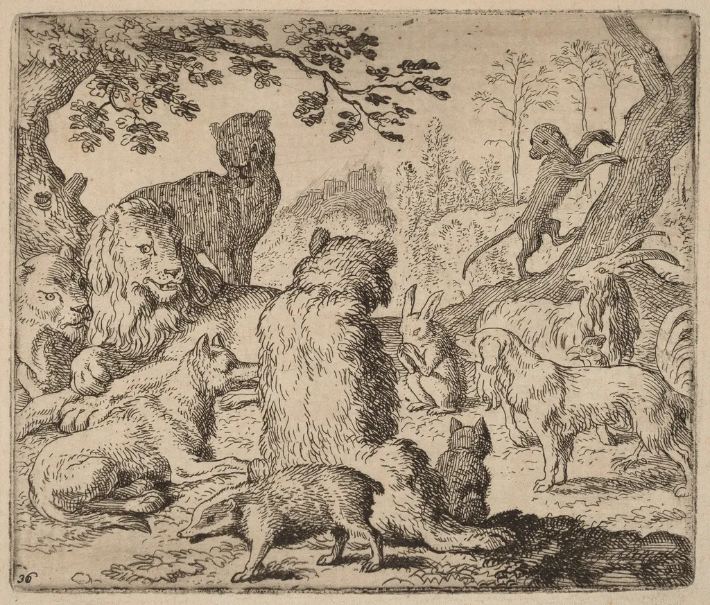 The Lion Orders a Mass Assault on Reynard, by Allart van Everdingen, ink, 1650