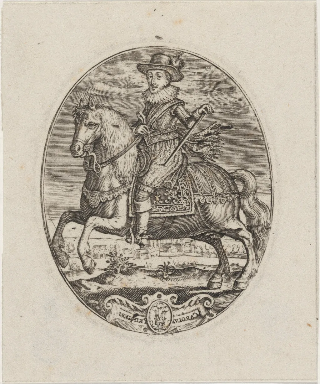Charles I, King of England, On Horseback, by Simon van de Passe, ink, 1621