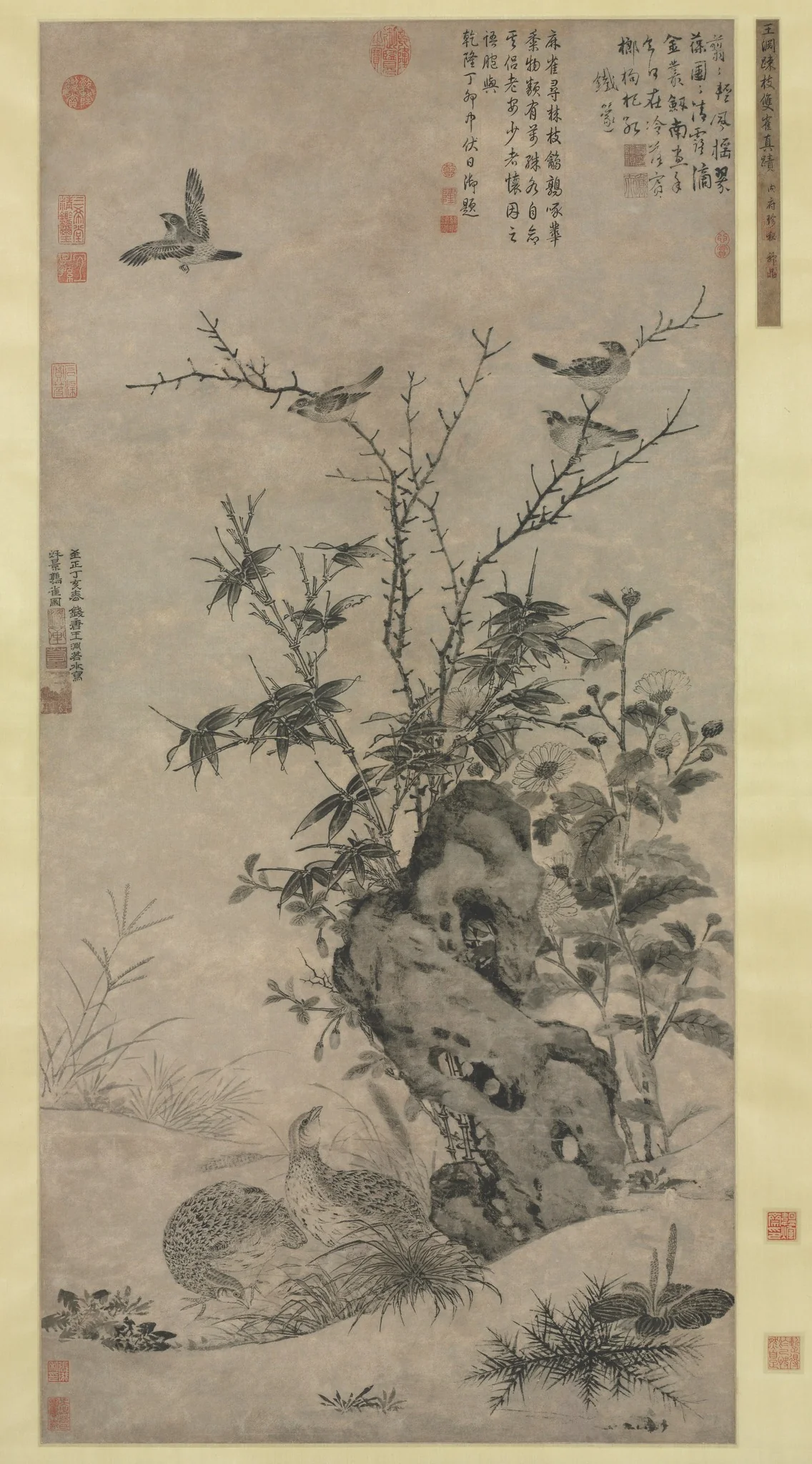 Quails and Sparrows in an Autumn Scene, detail