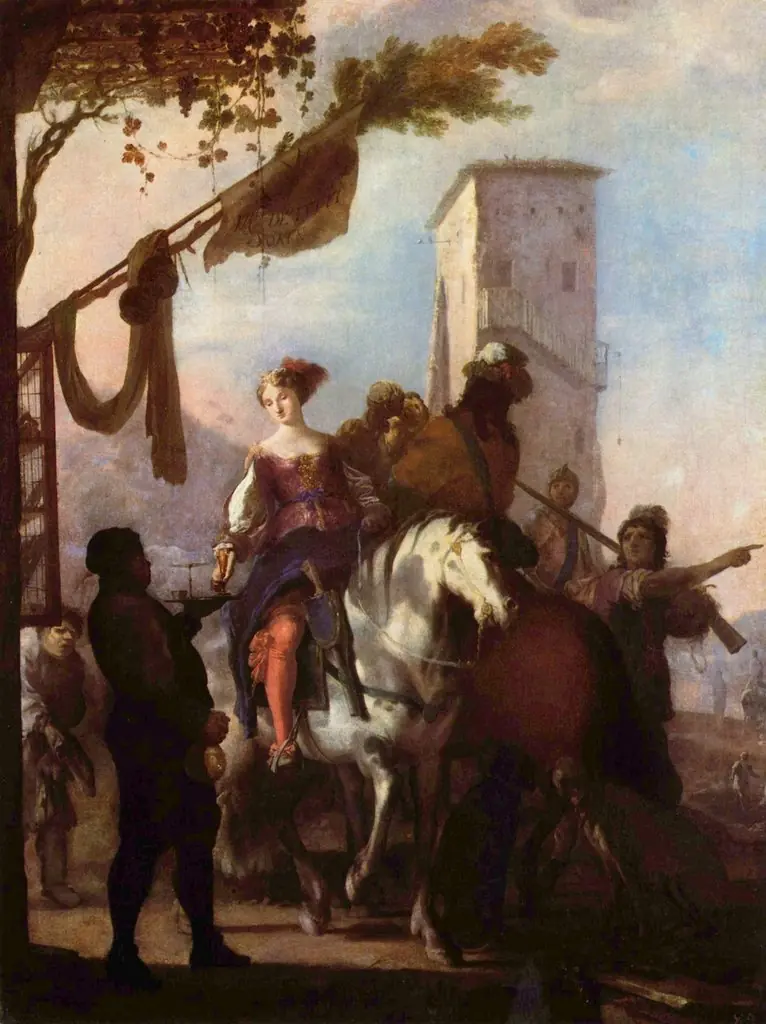 Stop in Front of the Inn, by Johann Heinrich Schönfeld, oil, 1650