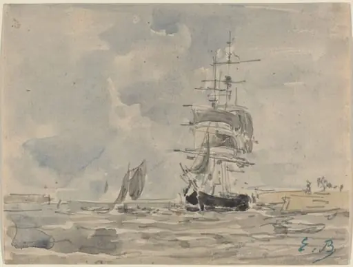 Seascape with Sailing Vessel, by Eugène Boudin, graphite, 1875
