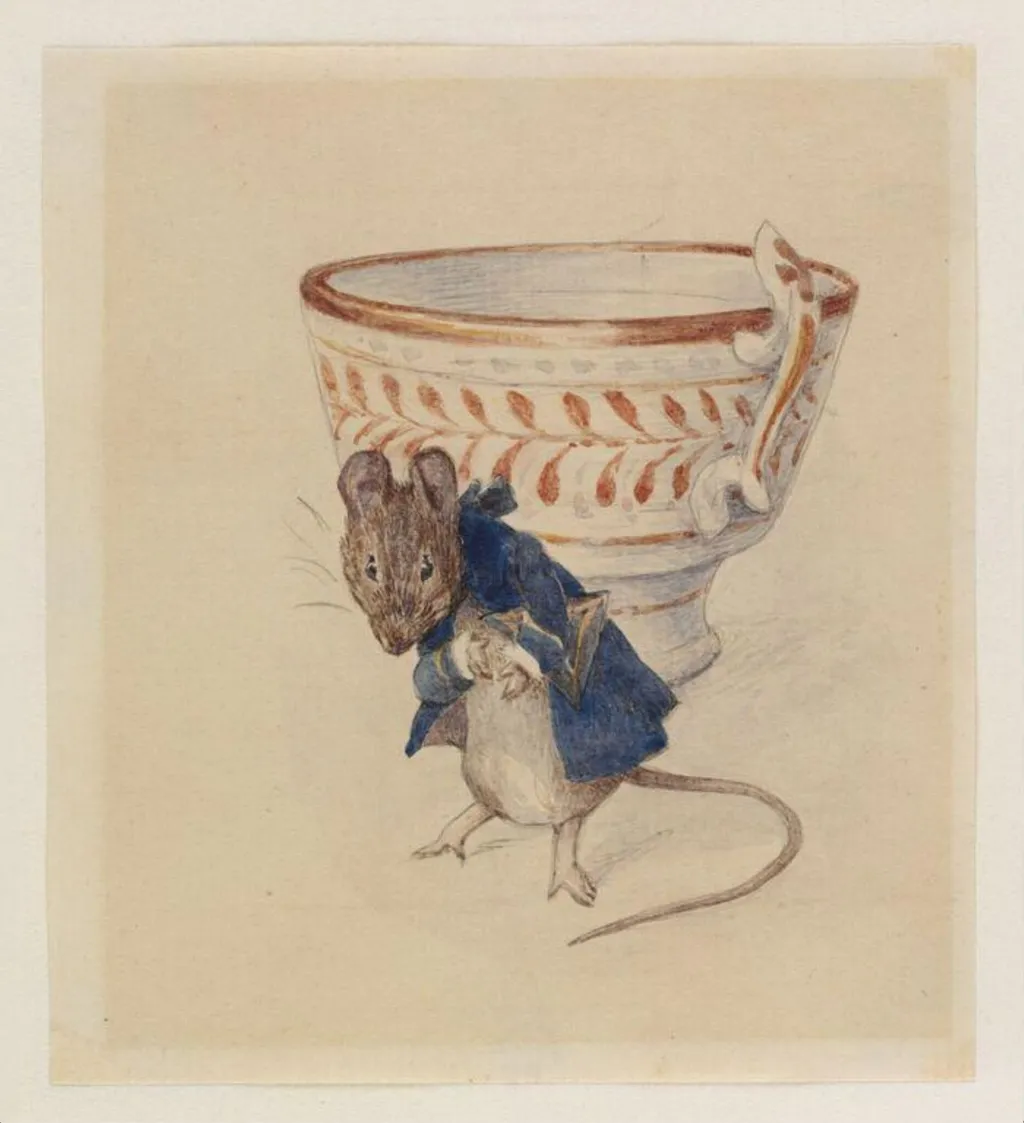 Gentleman mouse bowing beside a teacup, by Beatrix Potter, watercolor, 1903