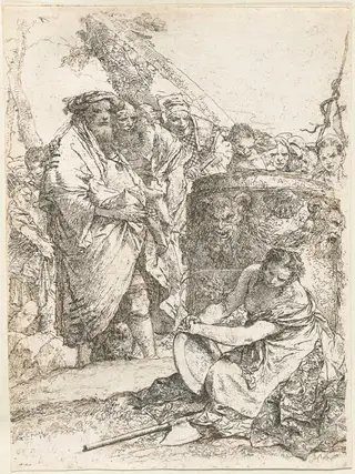 Magician and Other Figures before a Burning Altar with Skull and Bones, by Giovanni Battista Tiepolo, ink, 1733