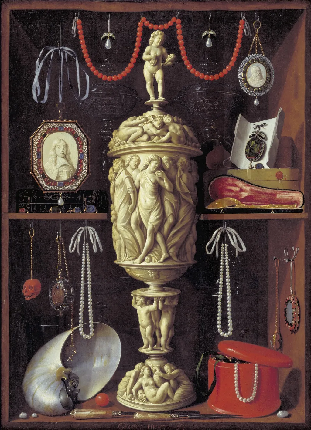 A collector's cabinet with ivory cup, by Georg Hainz, oil, 1666