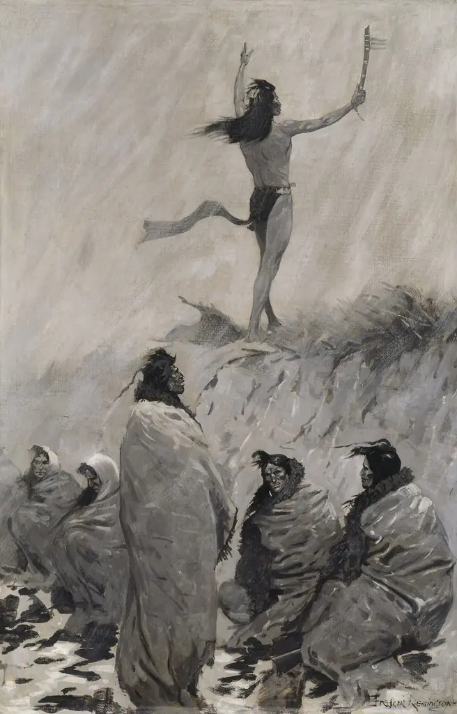 Fire-Eater Raised His Arms, by Frederic Remington, oil, 1900