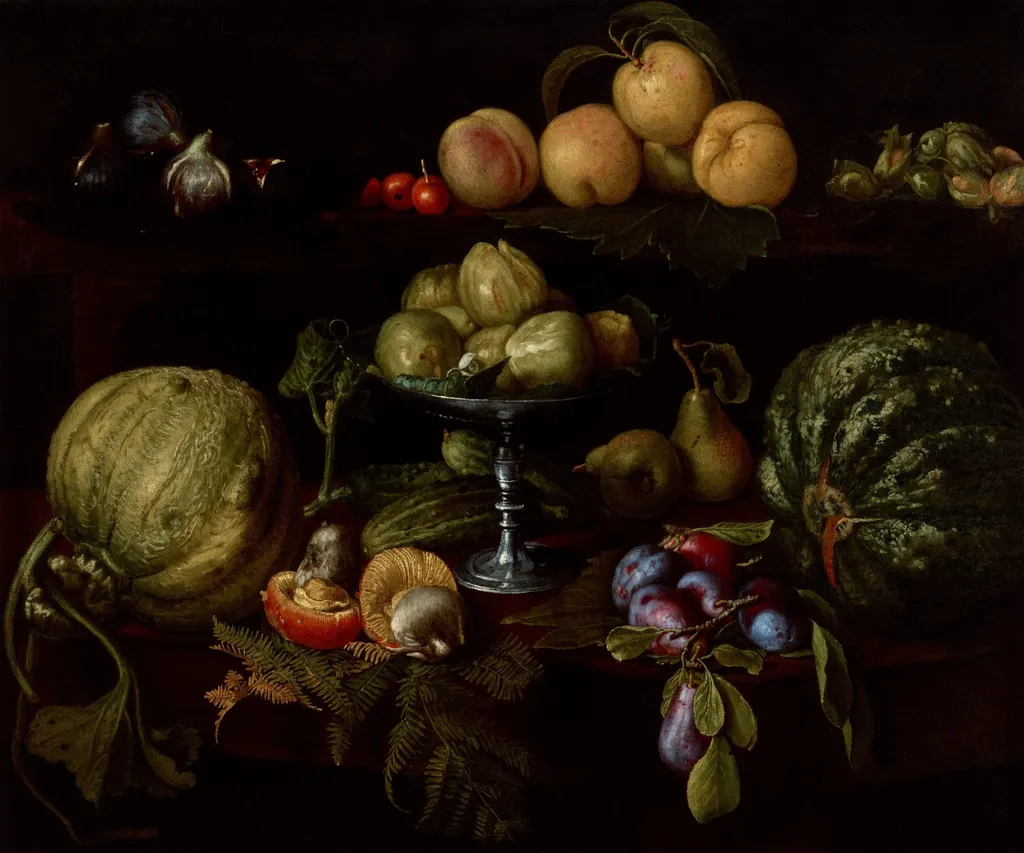 Figs on a Tazza with Pears, Quinces, Melons, Plums, Mushrooms on a Table, with Figs, Cherries, Peaches, and Acorns on a Ledge Above, by Giovanni Battista Crescenzi, oil, 1616