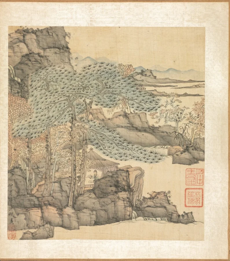 Paintings after Ancient Masters: Scholar Reading in a Thatched Hut by a Waterfall, detail