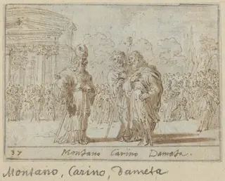 Montano, Carino and Dameta, by Johann Wilhelm Baur, ink, 1640