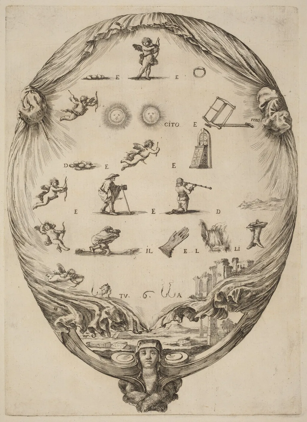 Screen Depicting the Italian Rebus of Love, by Stefano Della Bella, ink, 1637