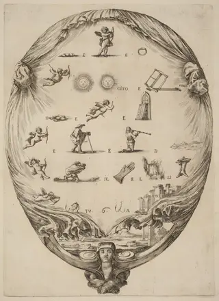 Screen Depicting the Italian Rebus of Love, by Stefano Della Bella, ink, 1637
