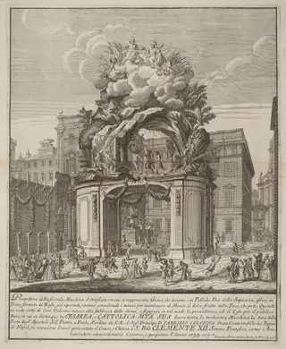 The Seconda Macchina for the Chinea of 1733: Jupiter and Minerva and the Forge of Vulcan, by Domenico Franceschini, ink, 1733