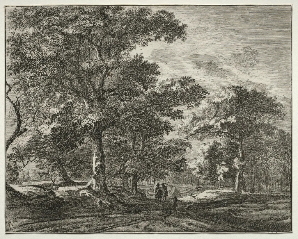Six views in the Wood of the Hague: Plate 1, Two Men Preceded by a Hunter, by Roelant Roghman, 1646
