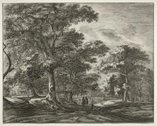 Six views in the Wood of the Hague: Plate 1, Two Men Preceded by a Hunter, by Roelant Roghman, 1646