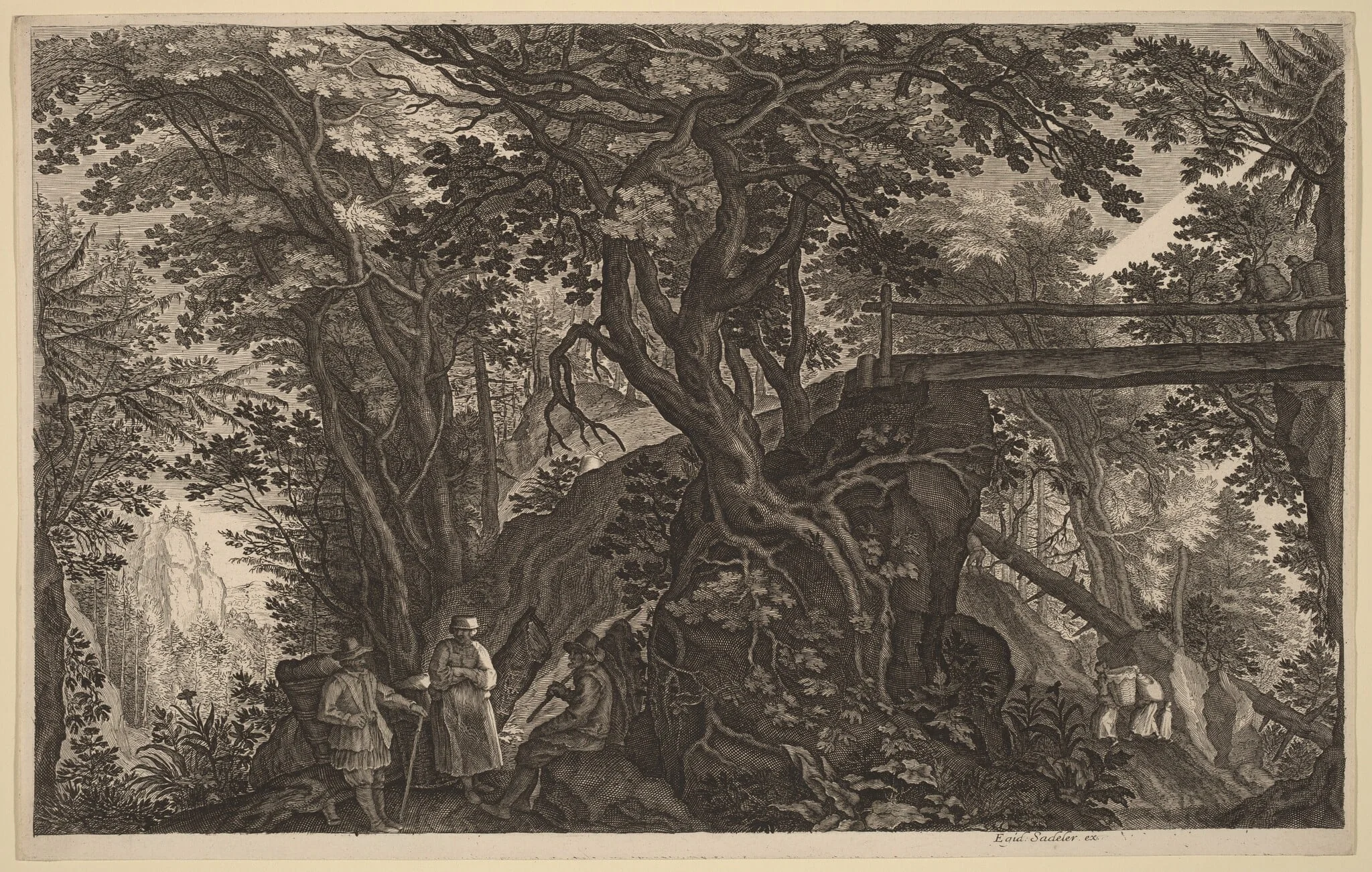 Forest Landscape with Two Men and a Woman Resting near a Bridge, detail