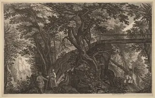 Forest Landscape with Two Men and a Woman Resting near a Bridge, by Aegidius Sadeler II, ink, 1600