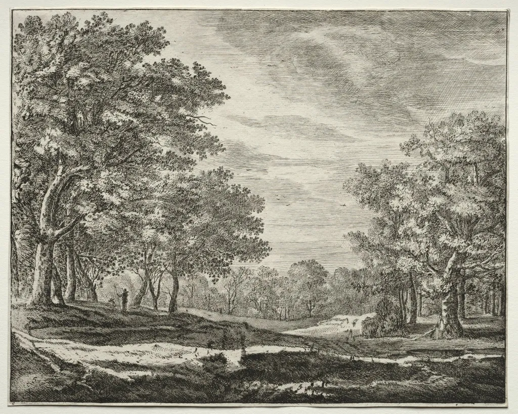 Six views in the Wood of the Hague: Plate 5, A Man with a Staff in His Hand, by Roelant Roghman, 1646