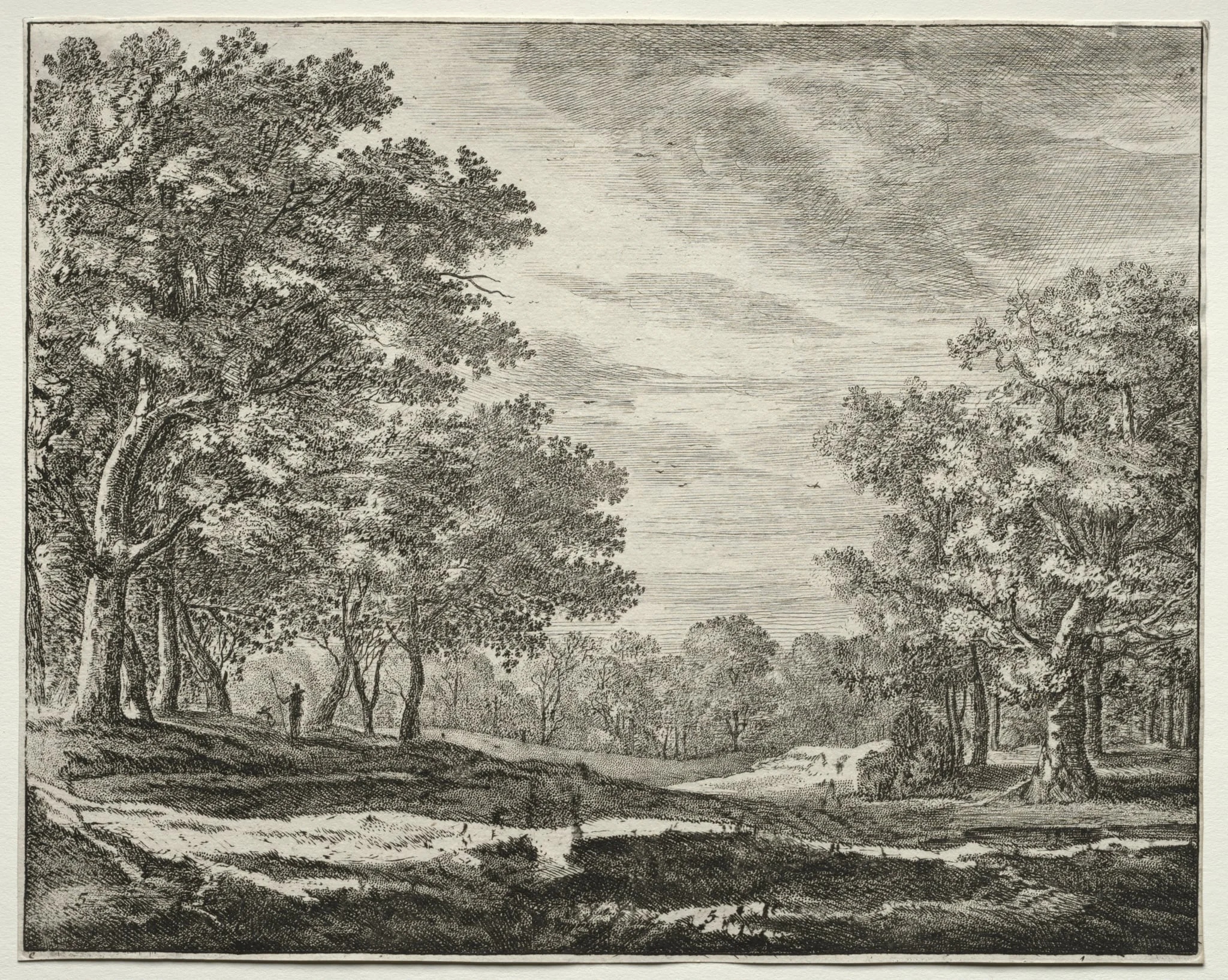 Six views in the Wood of the Hague: Plate 5, A Man with a Staff in His Hand, detail