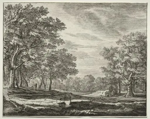 Six views in the Wood of the Hague: Plate 5, A Man with a Staff in His Hand, by Roelant Roghman, 1646