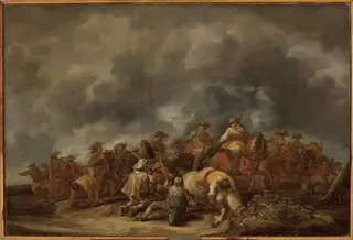 Skirmish of cavalry and infantry, by Benjamin Gerritsz Cuyp, oil, 1642