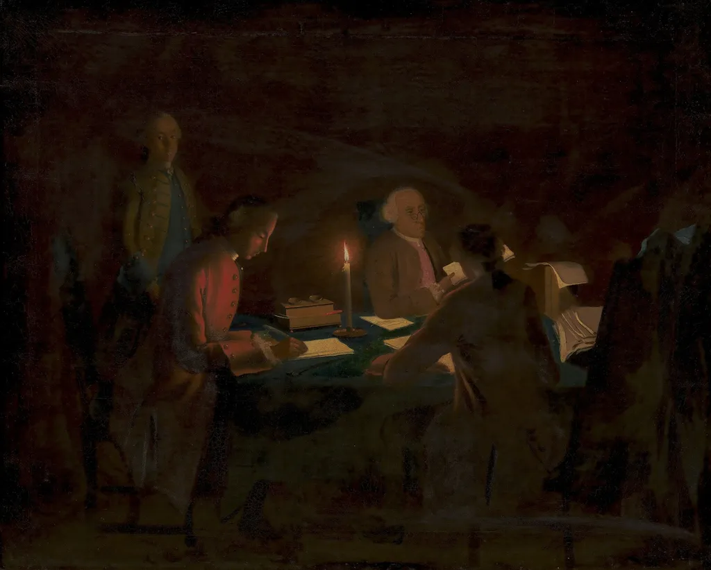 Interiør med en regnskabsfører og nogle skrivere ved stearinlys, by Johan Hörner, oil, 1752