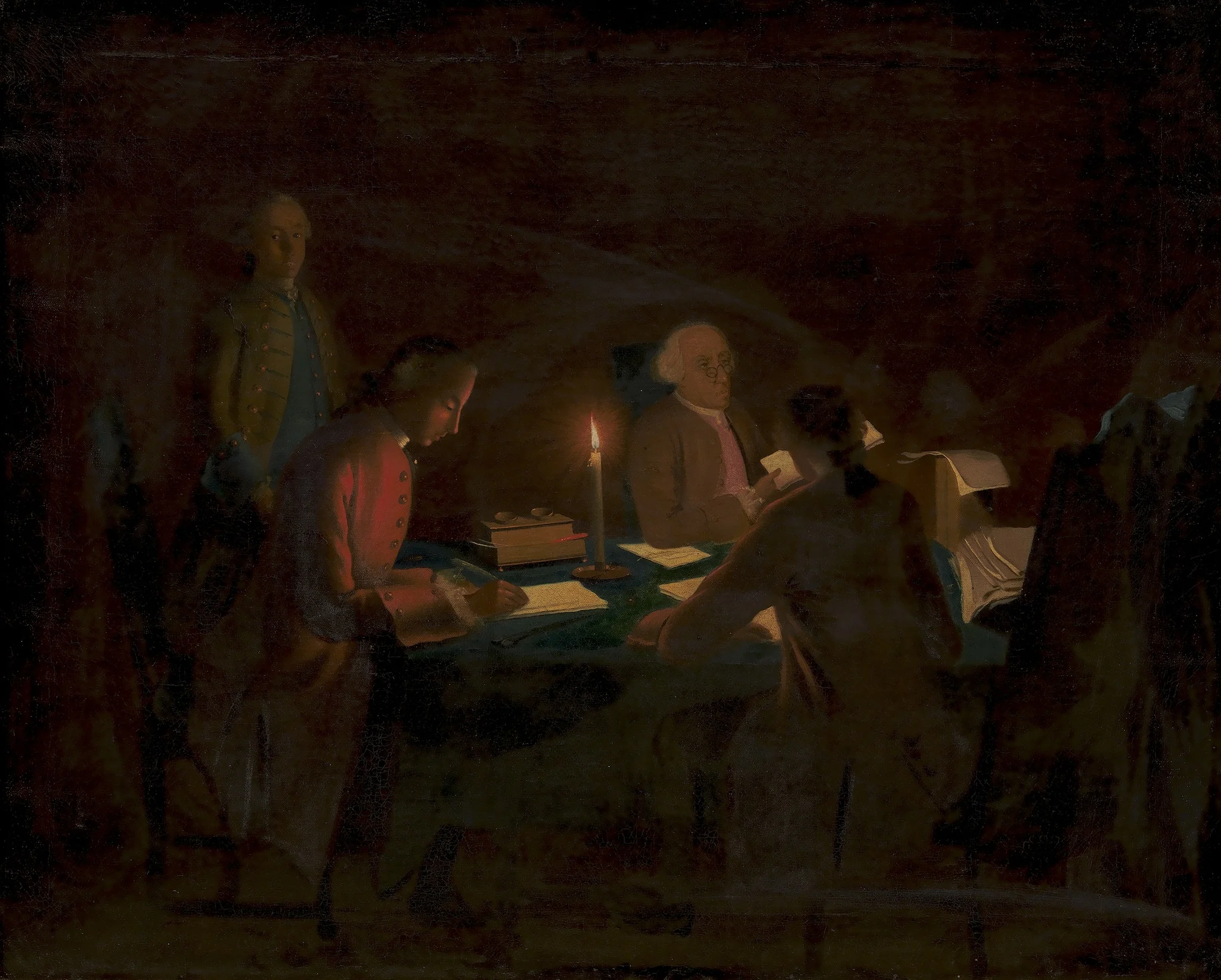 Interiør med en regnskabsfører og nogle skrivere ved stearinlys, detail