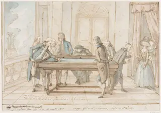 Group of gentlemen playing Billiards, by Giuseppe Piattoli, watercolor, 1784