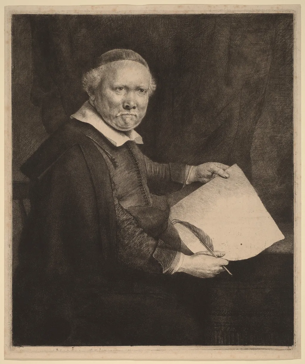Lieven Willemsz van Coppenol: the Larger Plate, by Rembrandt, ink, 1658