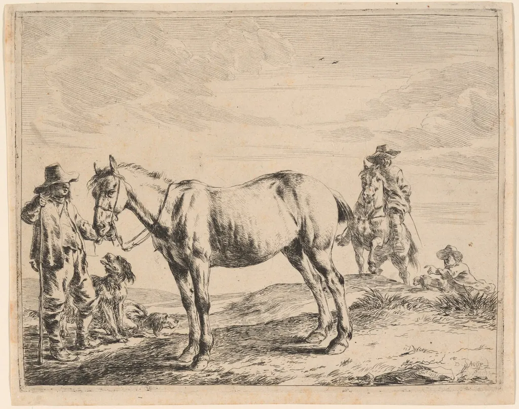 A Man Holding a Horse by His Bridle, by Dirck Stoop, ink, 1651