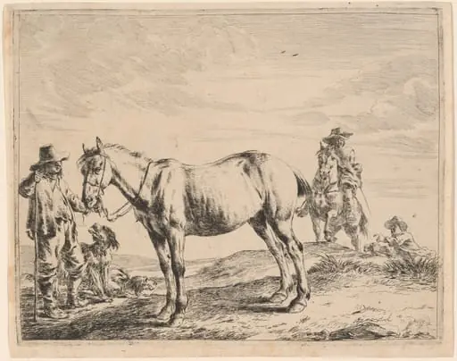 A Man Holding a Horse by His Bridle, by Dirck Stoop, ink, 1651