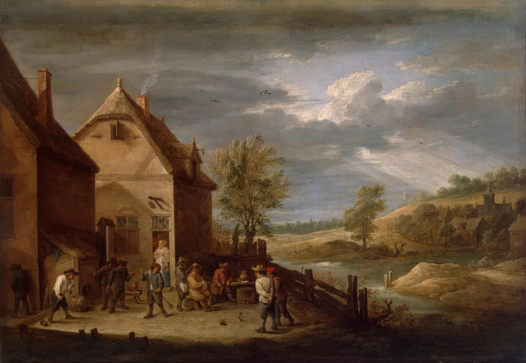 Landscape with Peasants Bowling, by David Teniers the Younger, oil, 1640