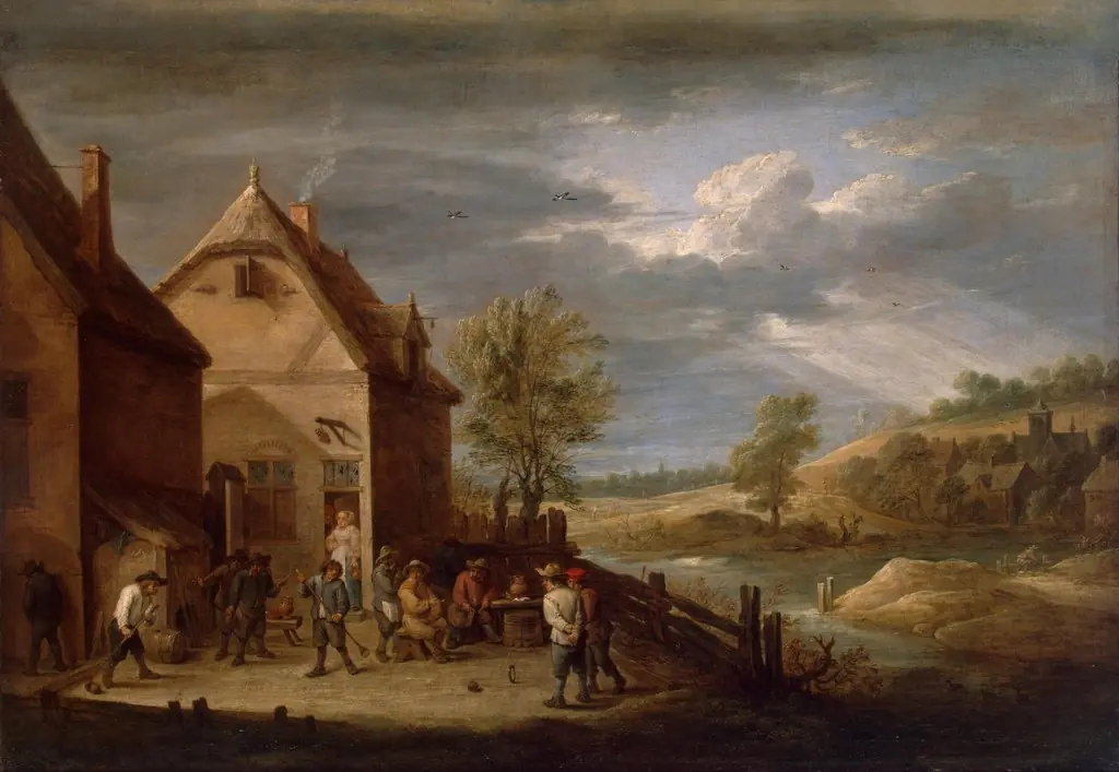 Landscape with Peasants Bowling, by David Teniers the Younger, oil, 1640