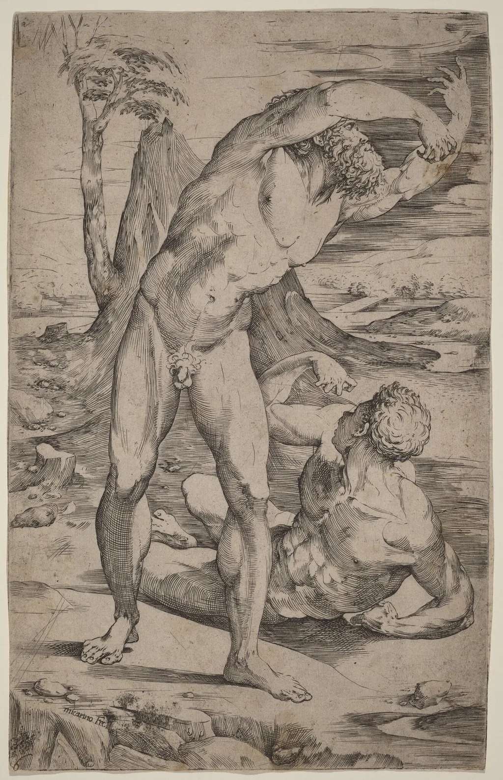 Two Male Nudes Gesturing in a Landscape, by Domenico Beccafumi, ink, 1537