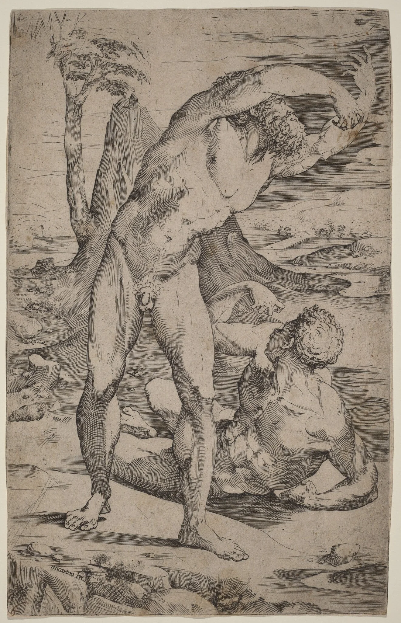 Two Male Nudes Gesturing in a Landscape, detail