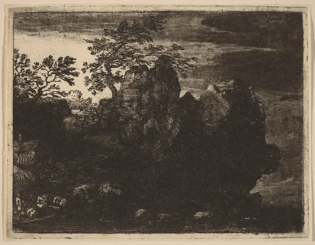 Large Rock at the River, by Allart van Everdingen, ink, 1650