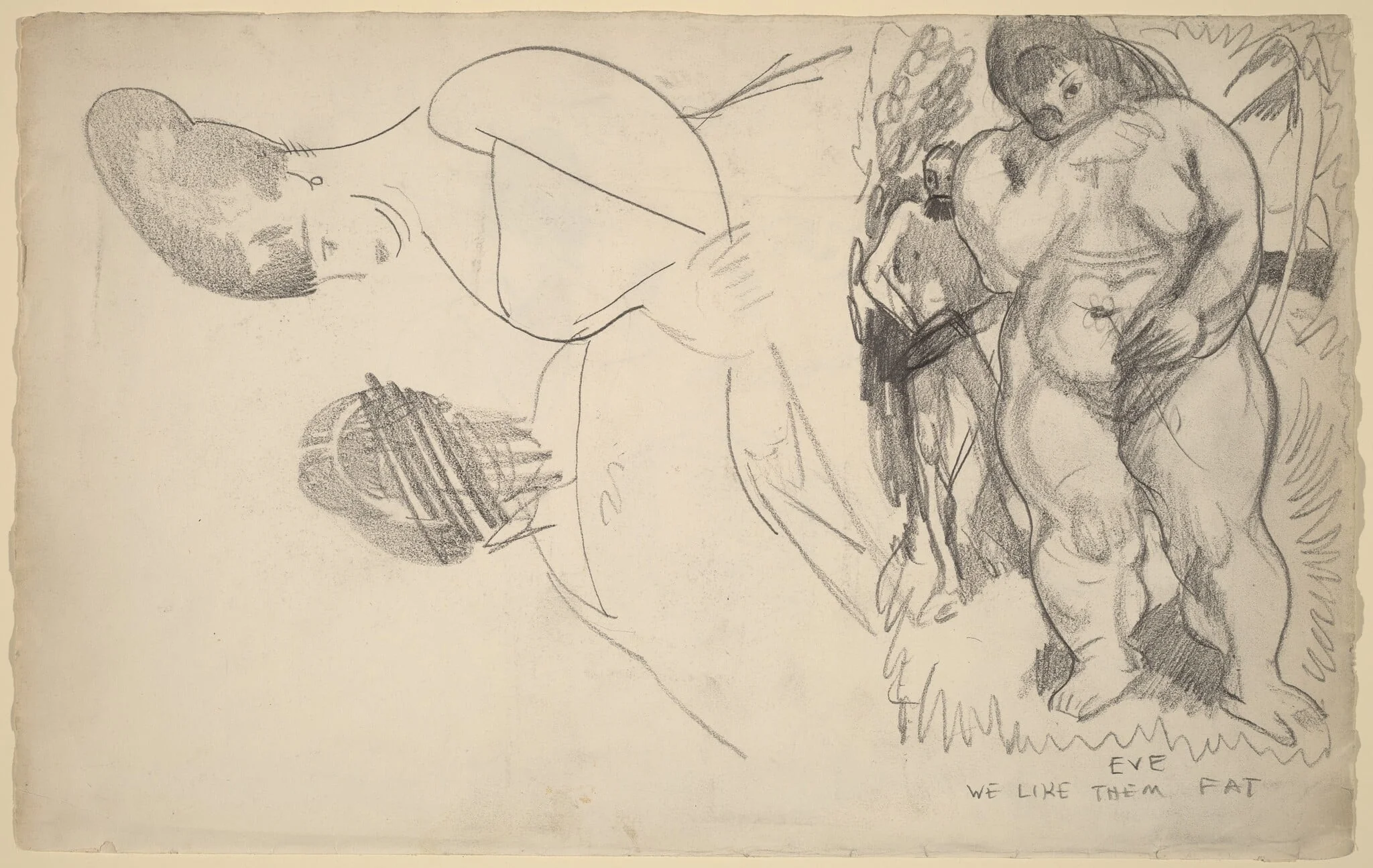 Caricature of Adam and Eve and Two Female Portrait Sketches, detail
