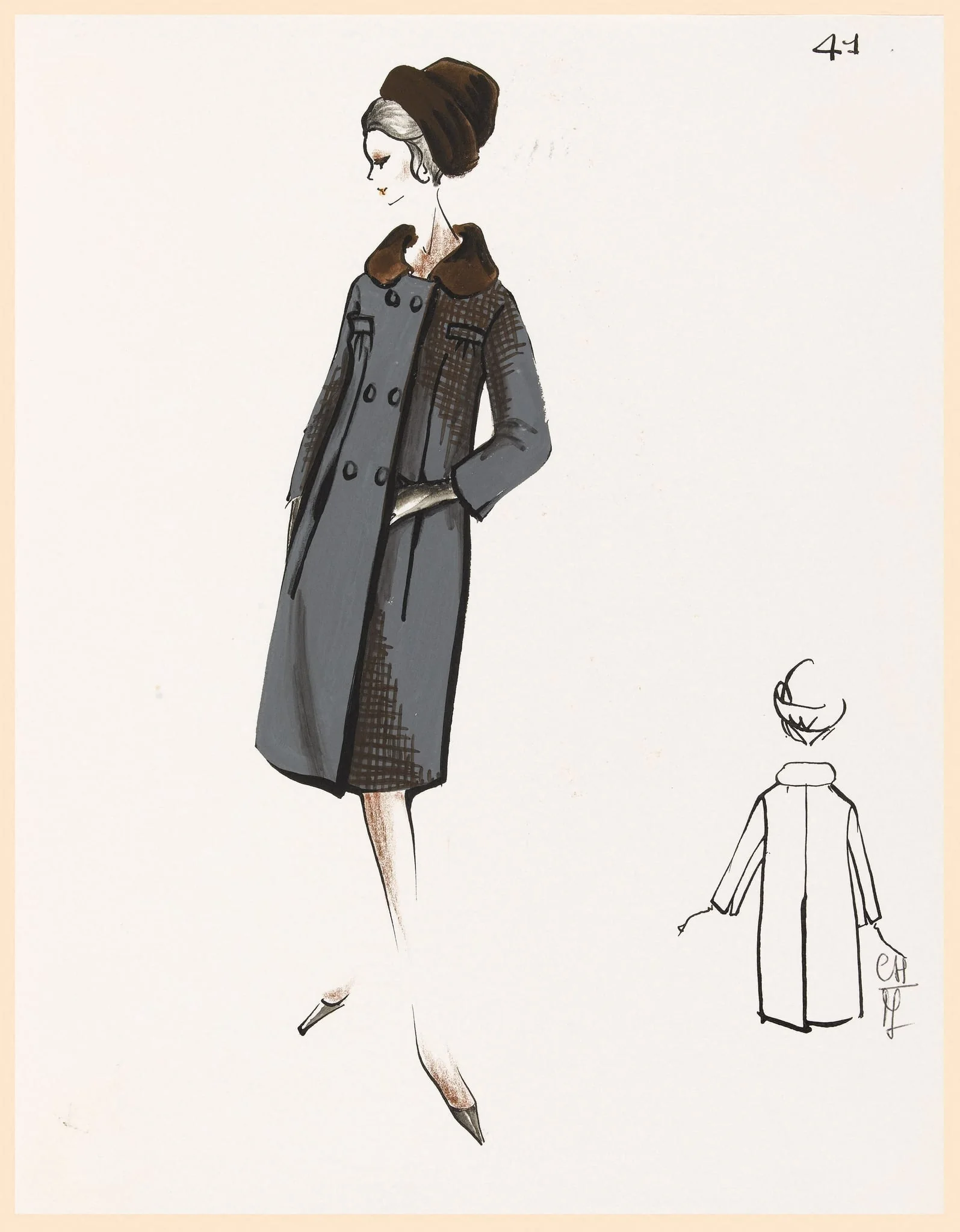 Manteau bleu ardoise à carreaux marron avec col marron et chapeau assorti, detail