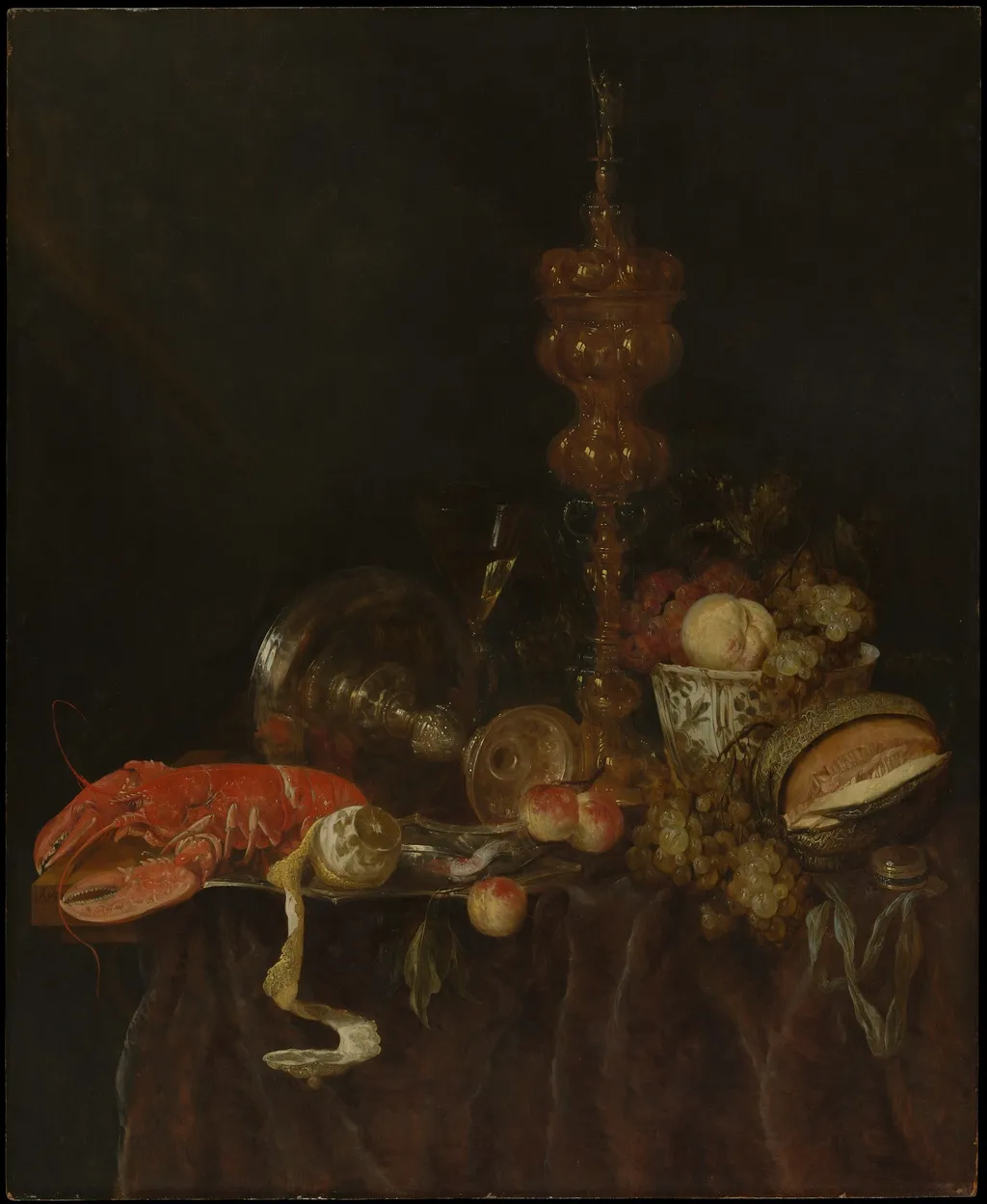Still Life with Lobster and Fruit, by Abraham van Beijeren, oil, 1651