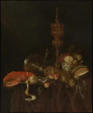 Still Life with Lobster and Fruit, by Abraham van Beijeren, oil, 1651