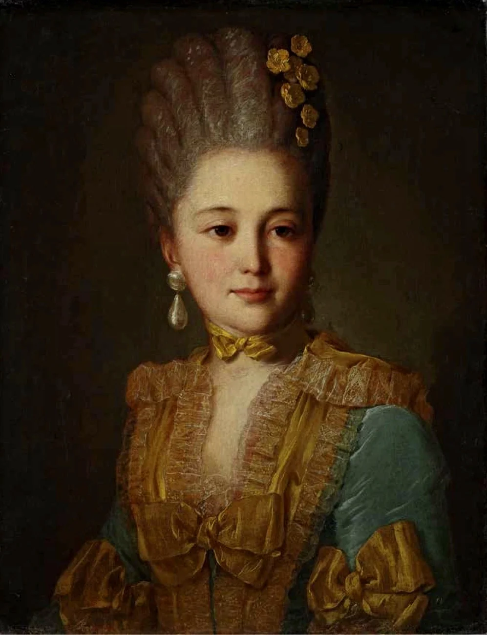 Portrait of an unknown woman in a Blue Dress with Yellow Trimmings, detail