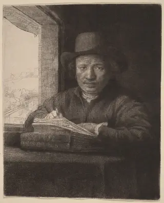 Self-Portrait Etching at a Window, by Rembrandt van Rijn, ink, 1648