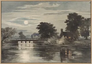 Moonlight: River Scene, by Charles Claude Pyne, watercolor, 1822