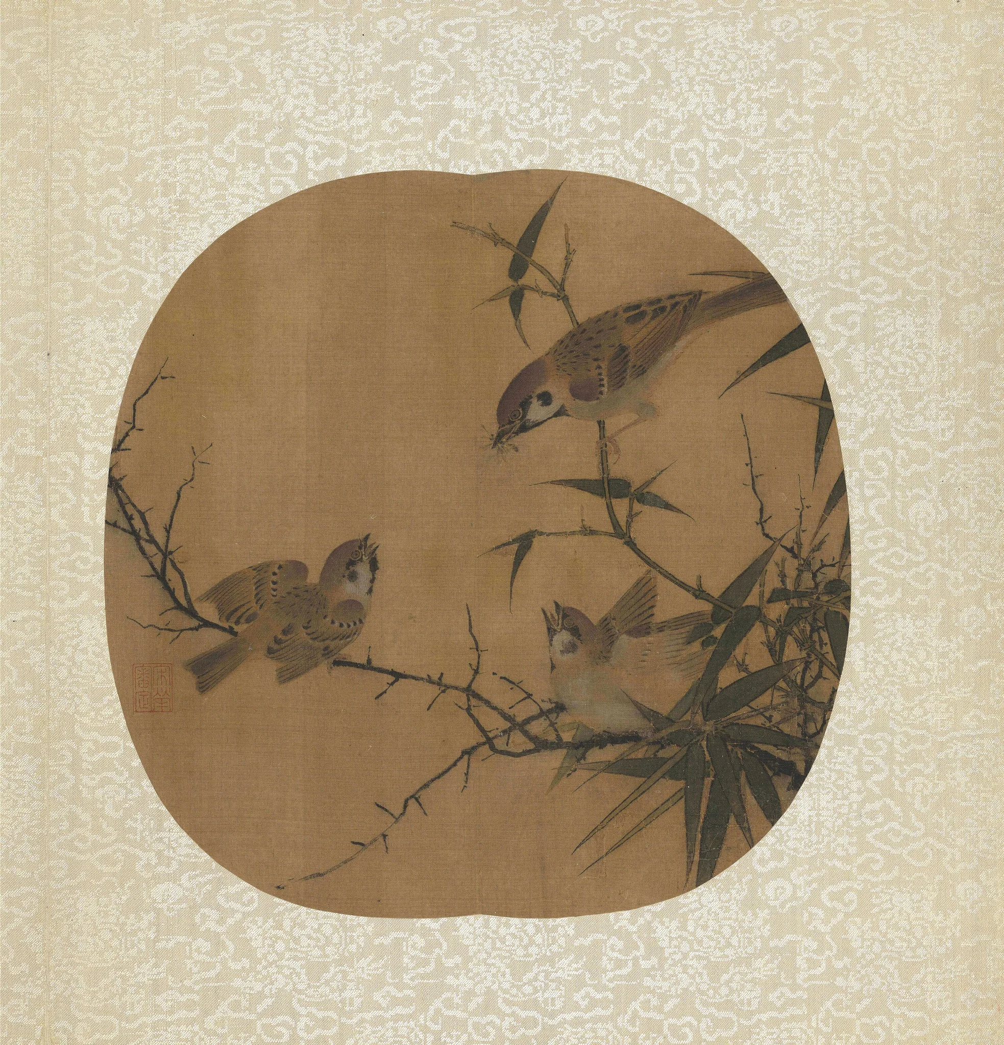 Sparrows, Bamboo, and a Tree, detail