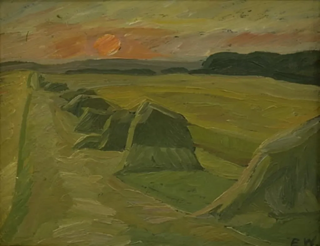 Landscape with Haystacks, by Edvard Weie, oil, 1916